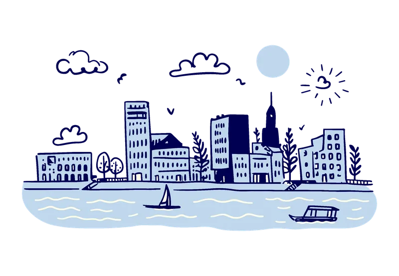 Piirros: Lappeenrannan kaupunkimaisema Saimaan rannalla